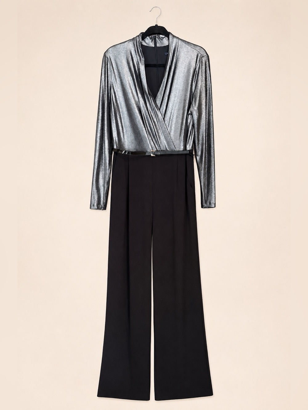 Tommy Hilfiger Silver Wrap-Front Metallic Bodice Black Wide-Leg Jumpsuit